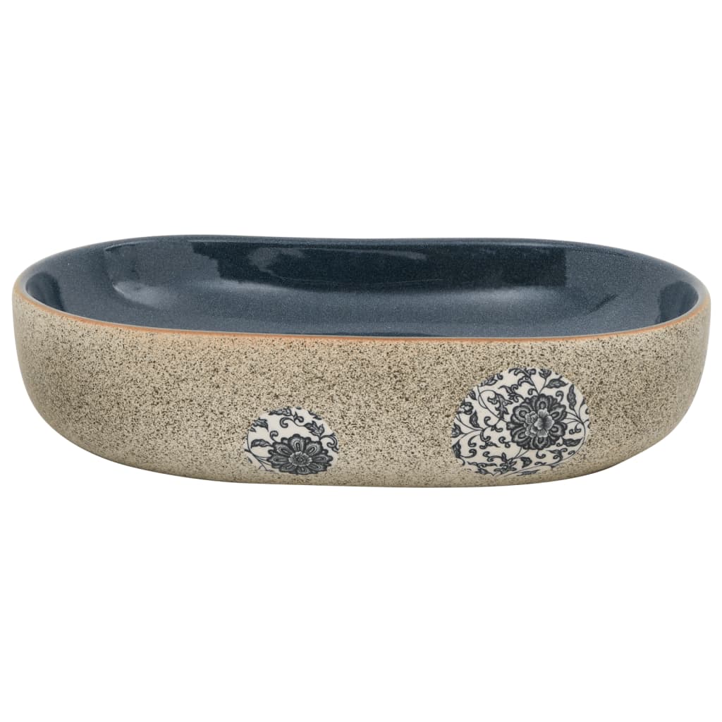 Basin, sand and blue, 59x40x14cm, ceramic, oval