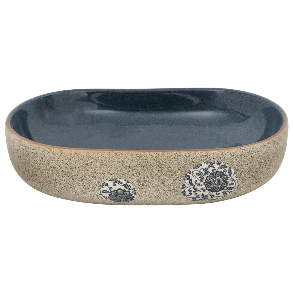 Basin, sand and blue, 59x40x14cm, ceramic, oval