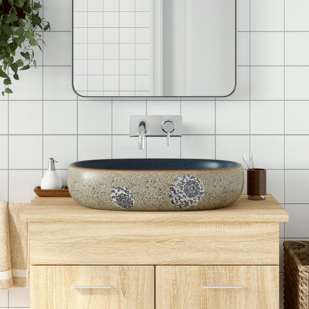 Basin, sand and blue, 59x40x14cm, ceramic, oval