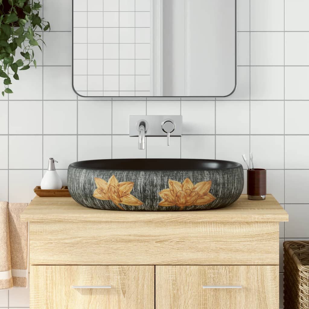 Countertop basin, grey/black, ceramic, oval