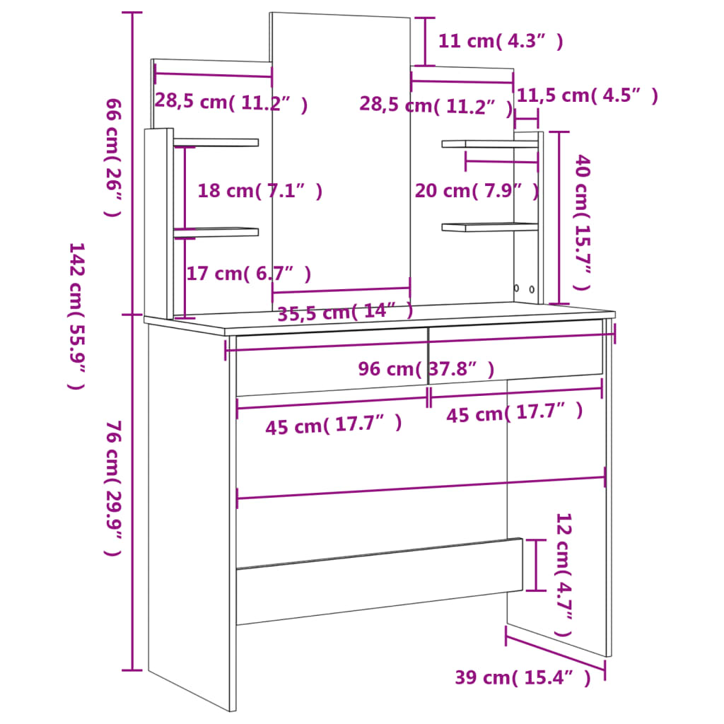 Dressing Table with Mirror, Concrete Grey, 96x39x142cm