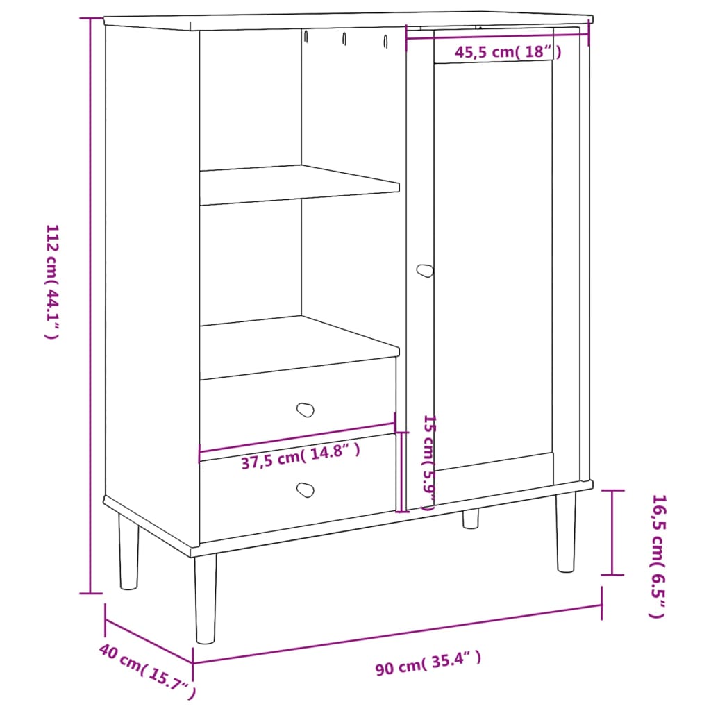 Chest of drawers SENJA, black, 90x40x112cm, solid pine