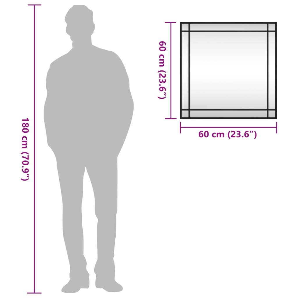 Wall mirror, black, 60x60cm, iron, square