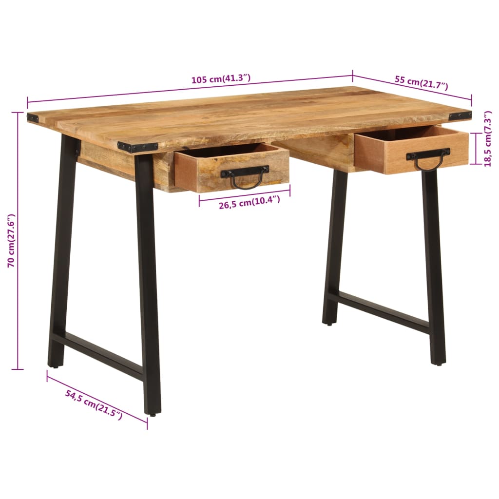 Writing desk with drawers, 105x55x70cm, mango wood and iron