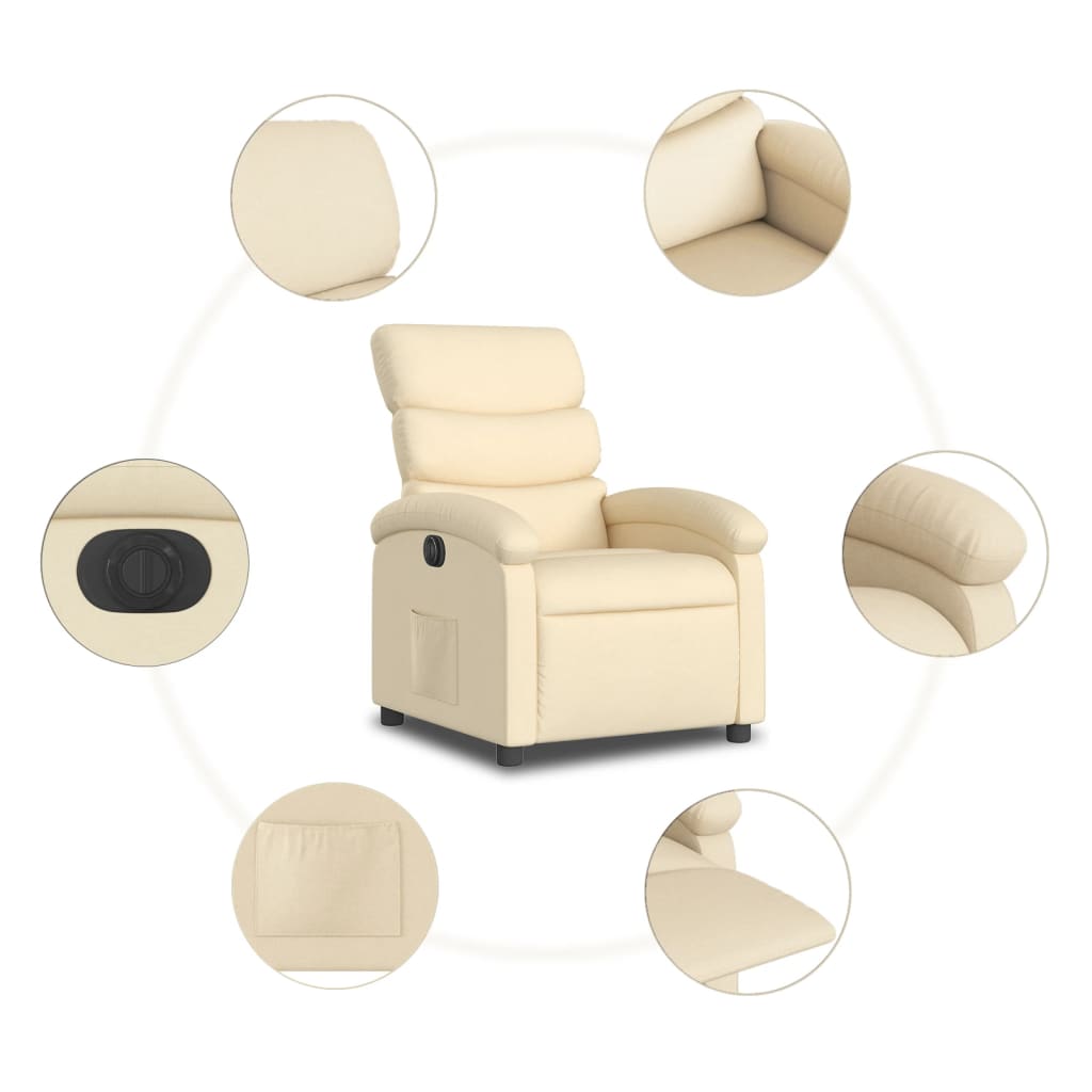 Electric reclining armchair, cream, fabric