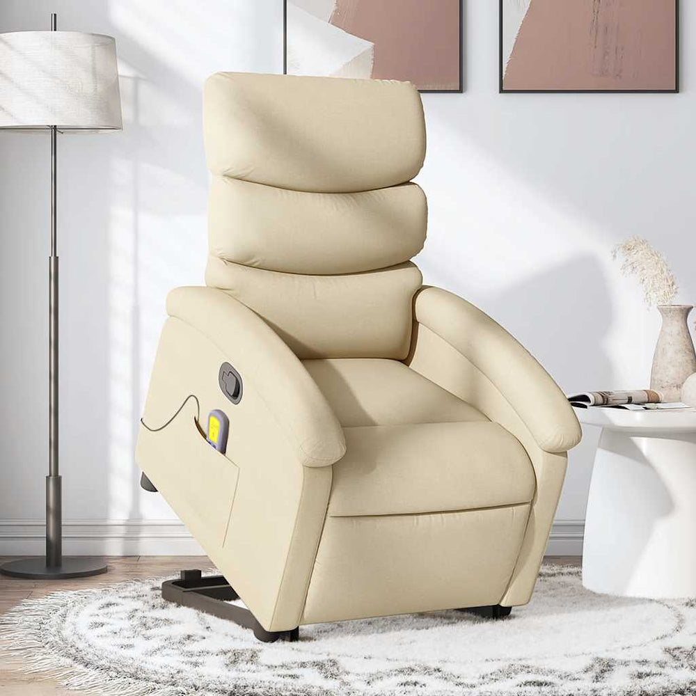 Reclining stand-up massage armchair, cream, fabric