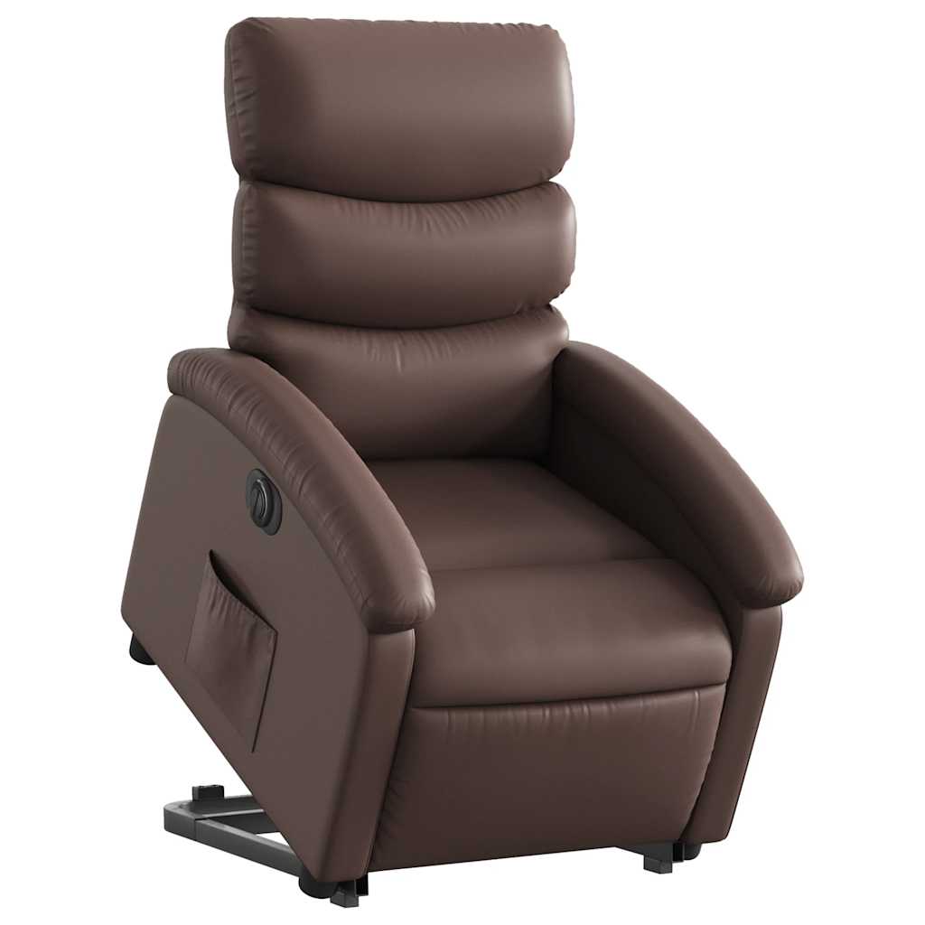 Stand-up electric armchair, brown, faux leather