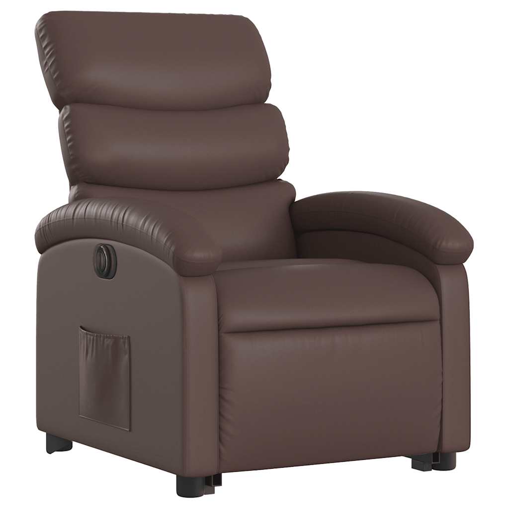 Stand-up electric armchair, brown, faux leather