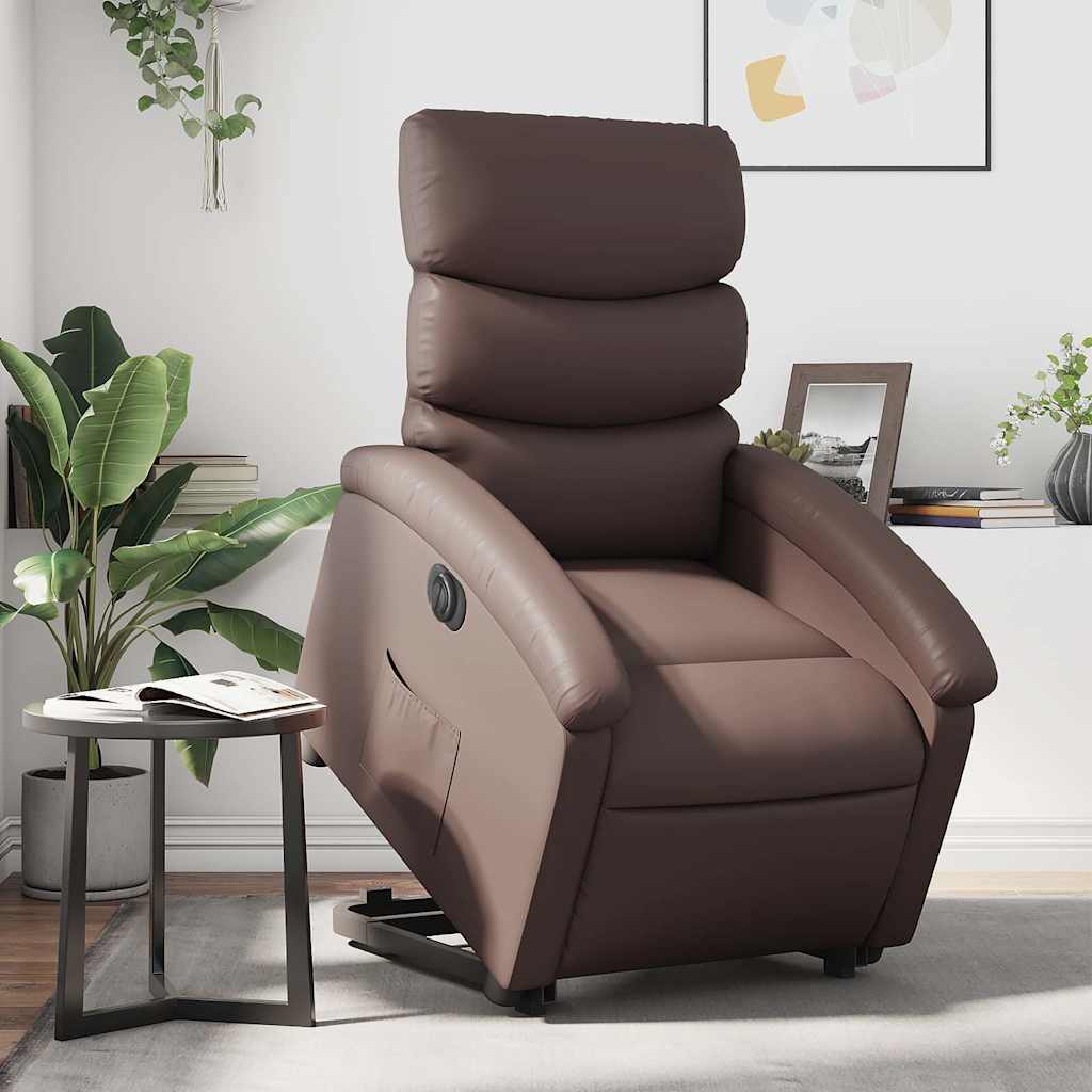 Stand-up electric armchair, brown, faux leather