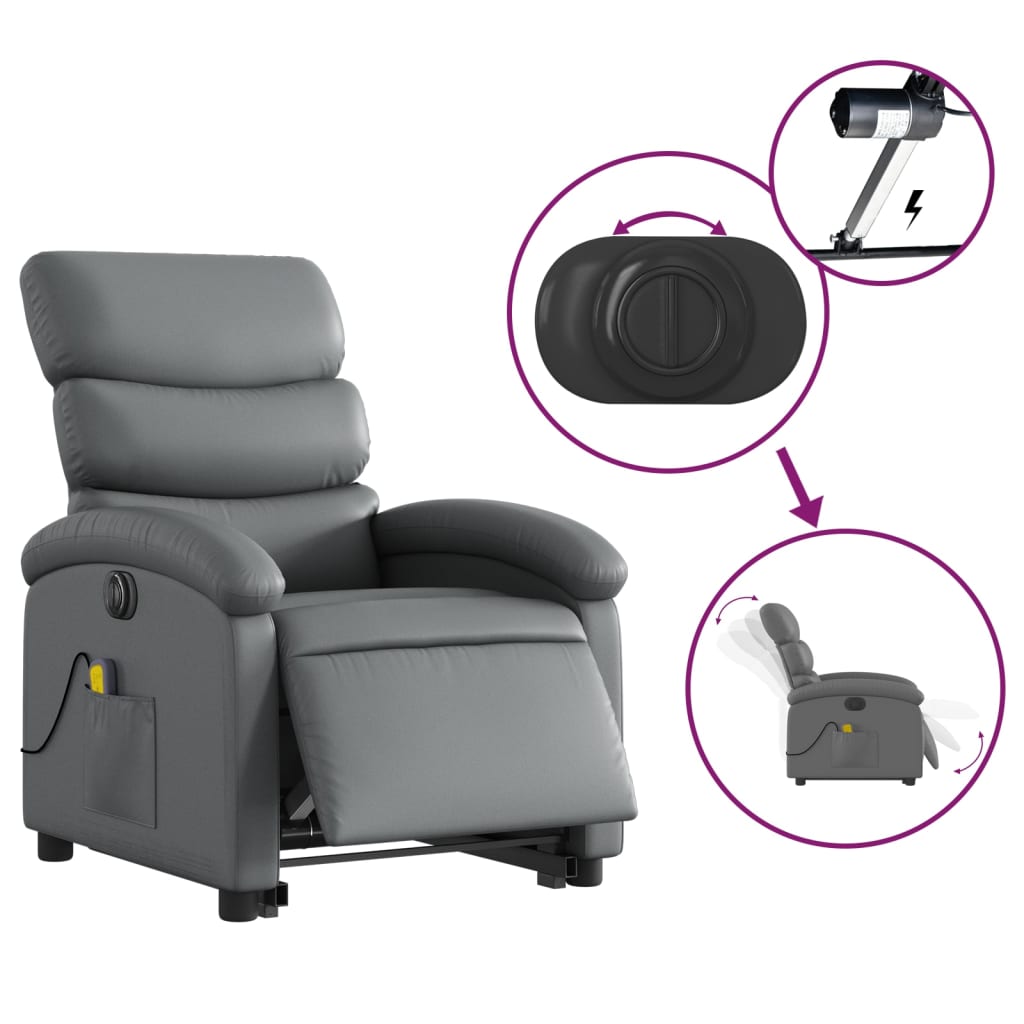 Reclining massage chair, grey, artificial leather