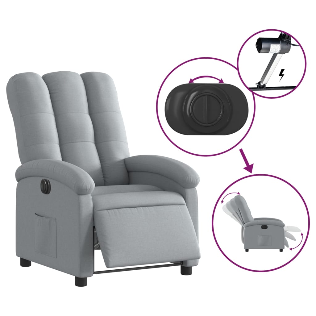 Electric reclining armchair, light grey, fabric