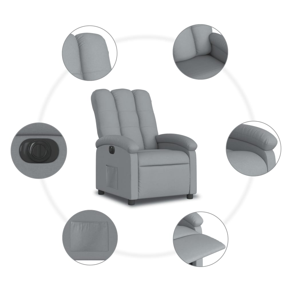 Electric reclining armchair, light grey, fabric