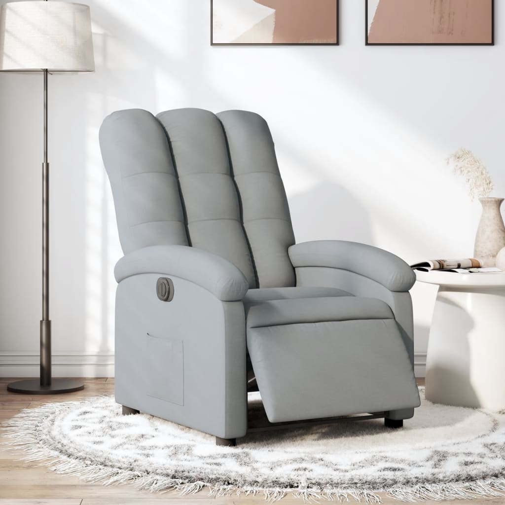 Electric reclining armchair, light grey, fabric