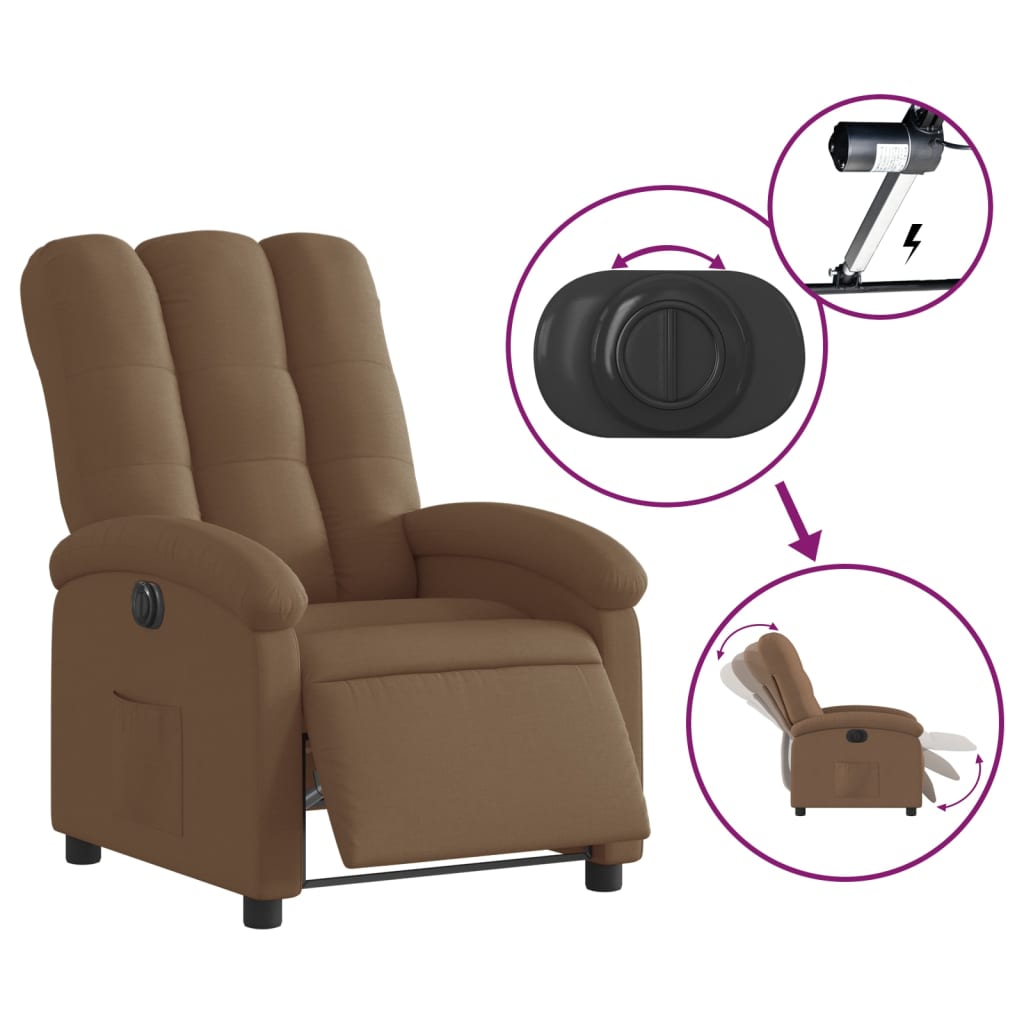Electric reclining armchair, brown, fabric