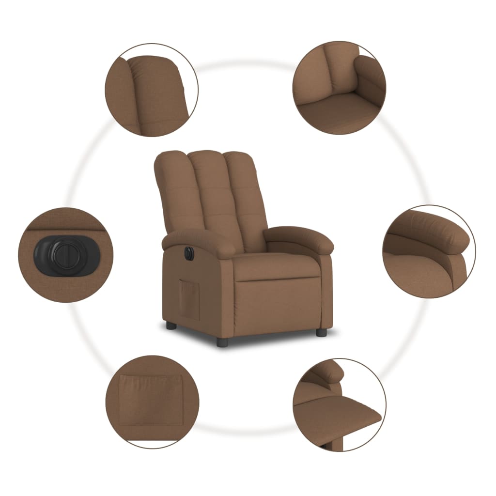 Electric reclining armchair, brown, fabric