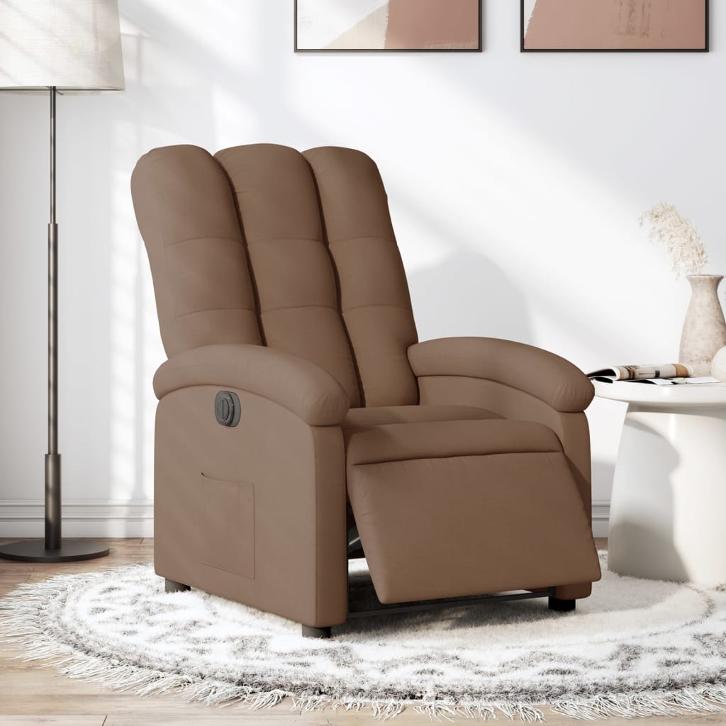 Electric reclining armchair, brown, fabric