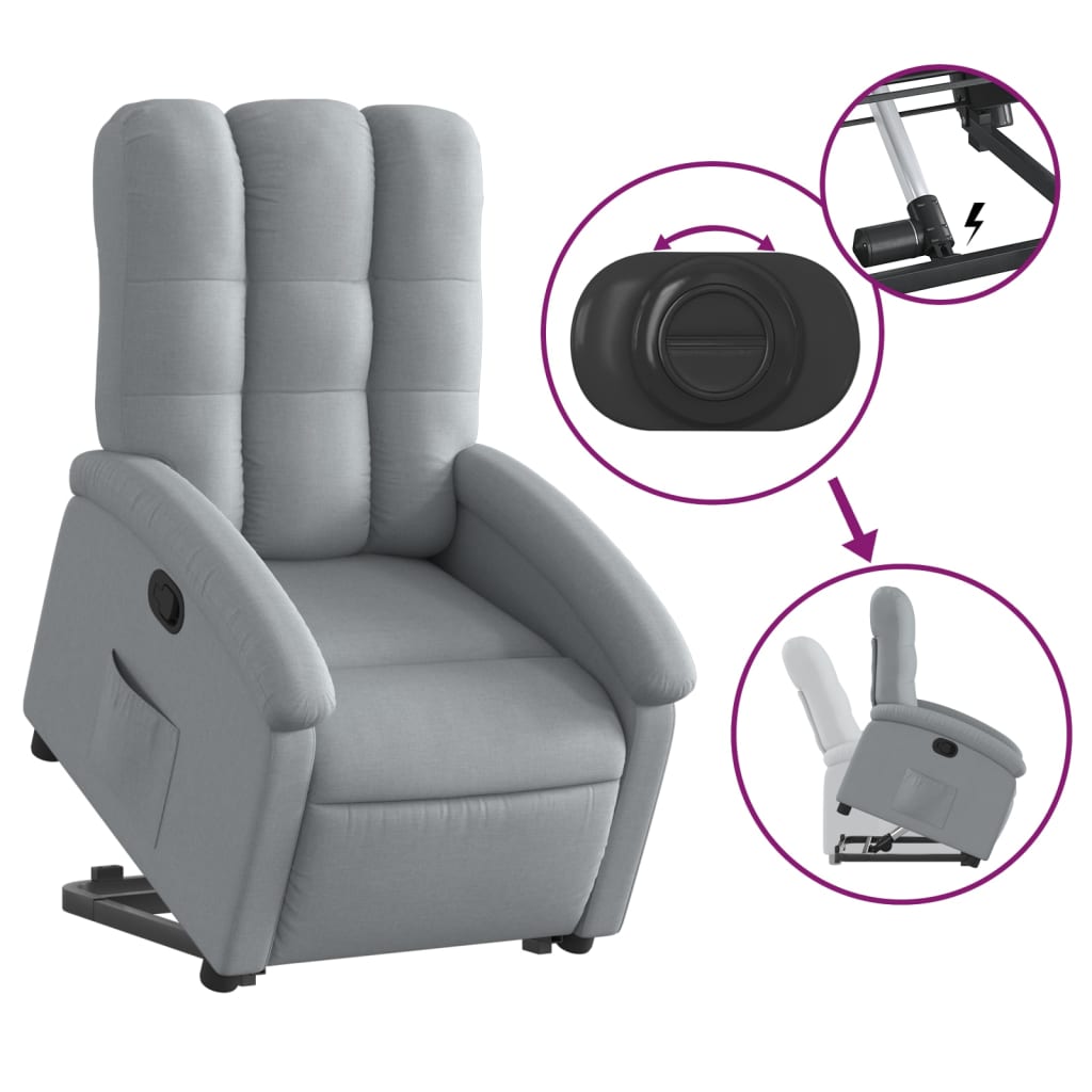 Rise and recline armchair, light grey, fabric