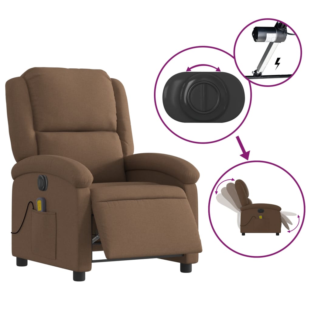 Electric Reclining Massage Armchair, Brown, Fabric