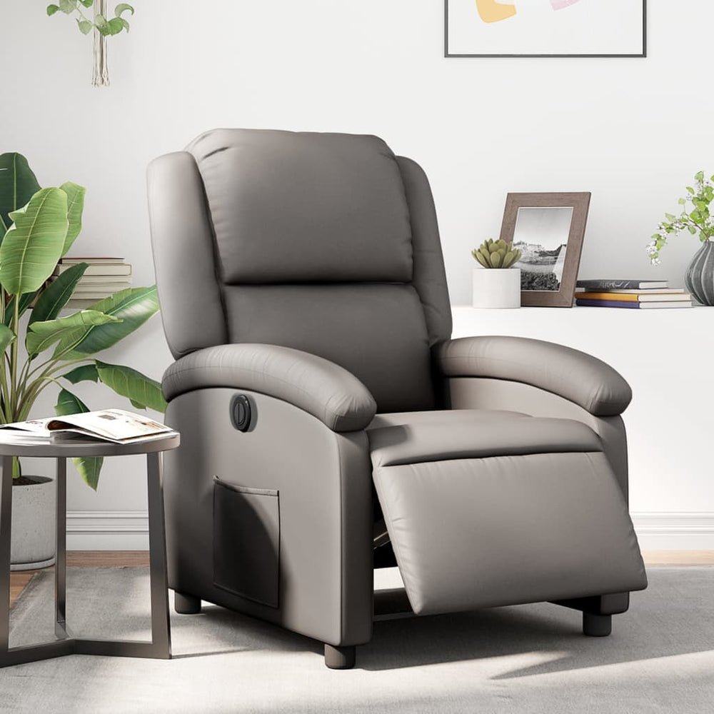 Electric reclining armchair, gray, genuine leather
