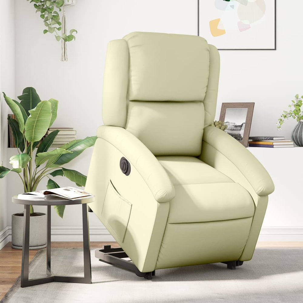 Standing electric armchair, cream, genuine leather