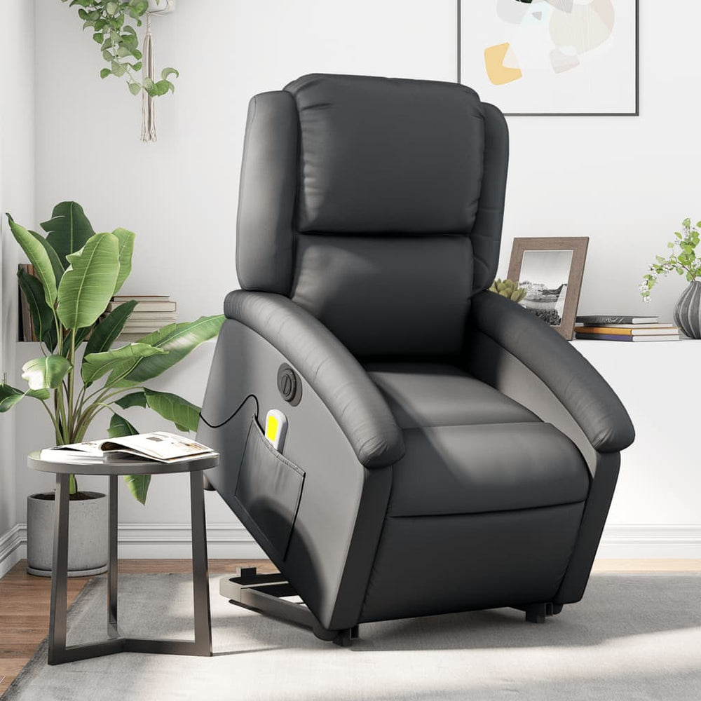 Reclining Electric Massage Chair, Black, Real Leather