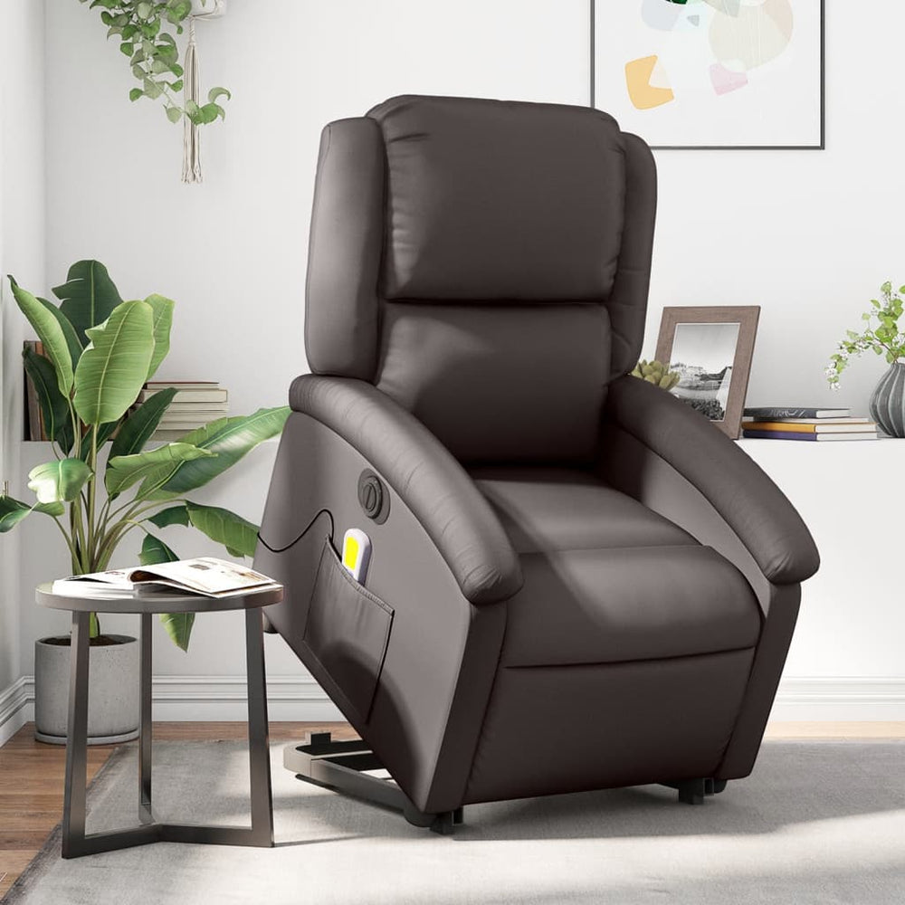 Standing electric massage recliner, brown, real leather