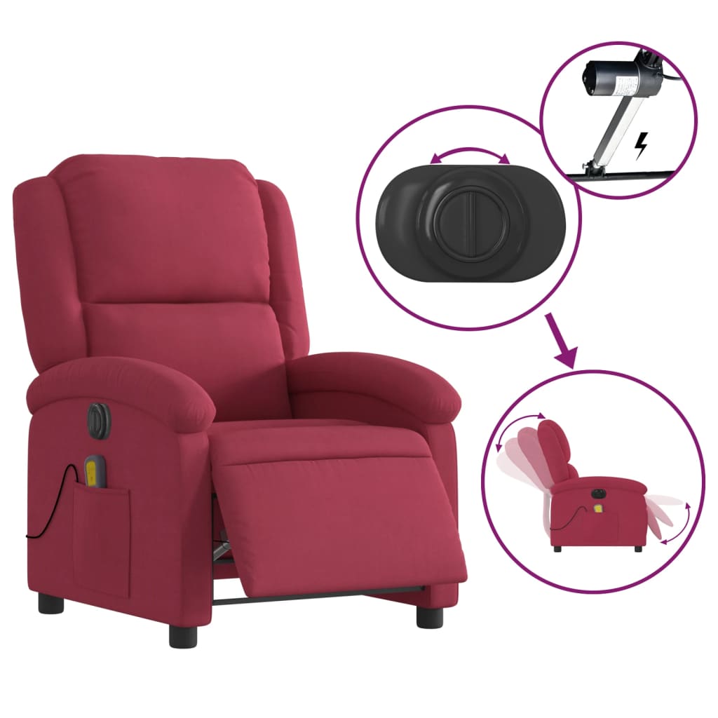 Electric Reclining Massage Armchair, Wine Red, Velvet