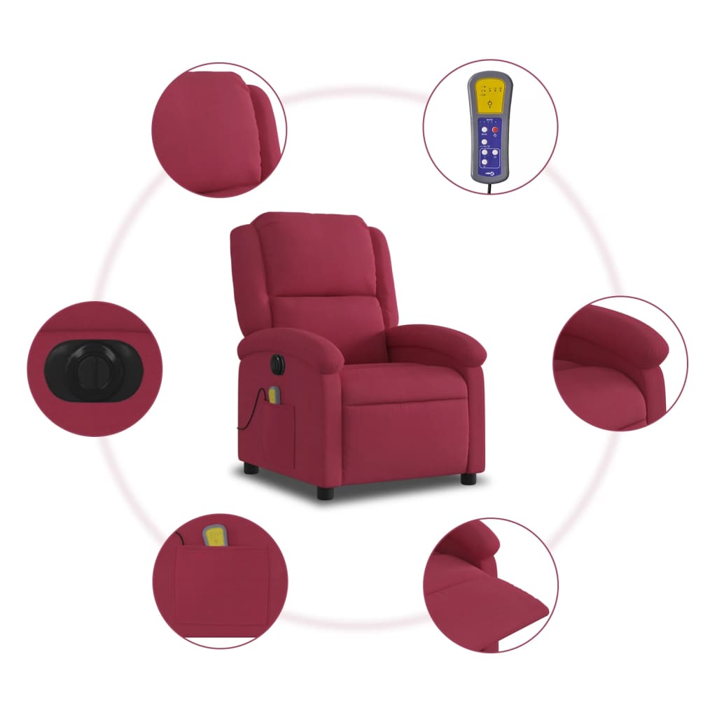 Electric Reclining Massage Armchair, Wine Red, Velvet