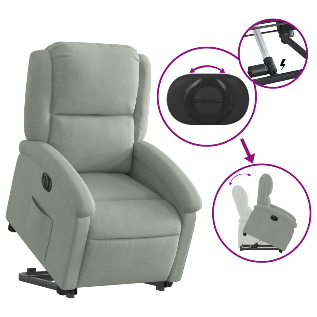 Stand-up recliner, light gray, velvet