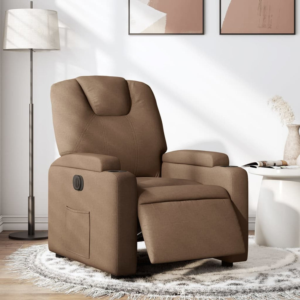 Electric reclining armchair, brown, fabric