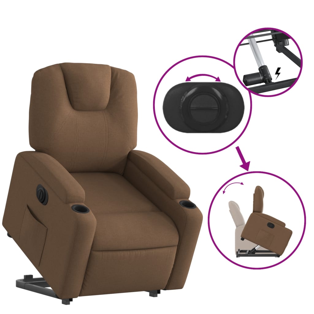Electric Reclining Stand-Up Armchair, Brown, Fabric