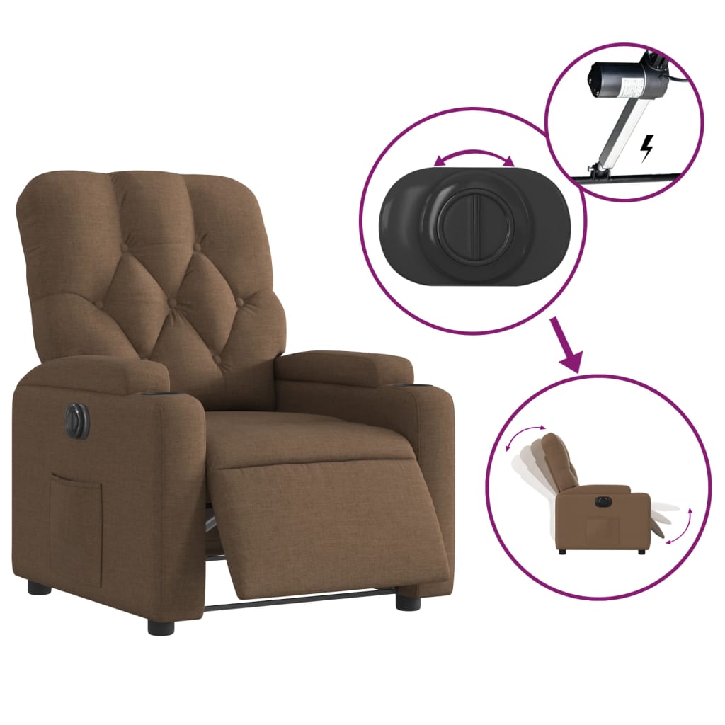 Electric reclining armchair, brown, fabric