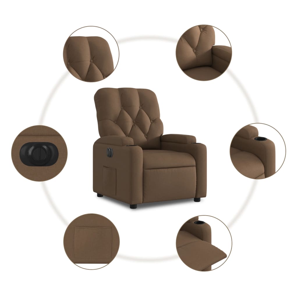 Electric reclining armchair, brown, fabric