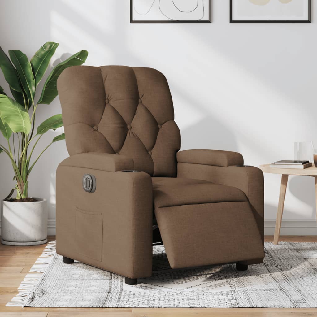 Electric reclining armchair, brown, fabric