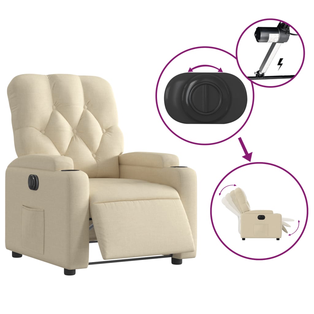 Electric reclining armchair, cream, fabric