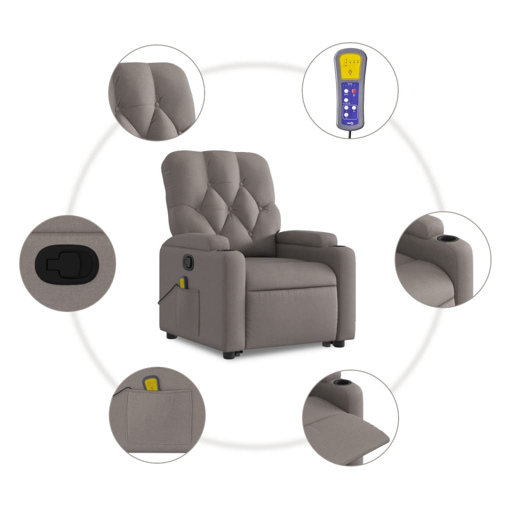 Reclining stand-up massage armchair, taupe, fabric
