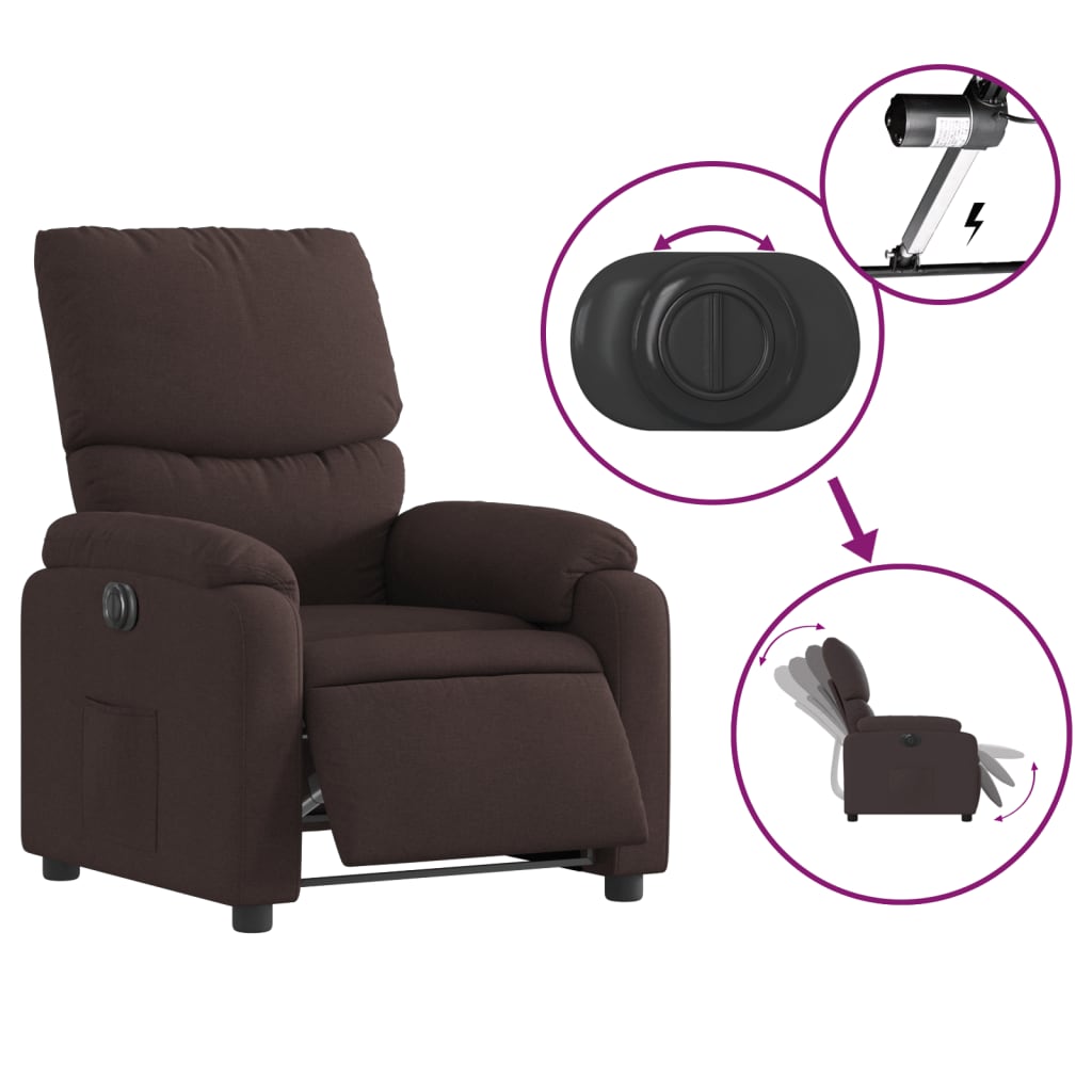 Electric reclining armchair, dark brown, fabric