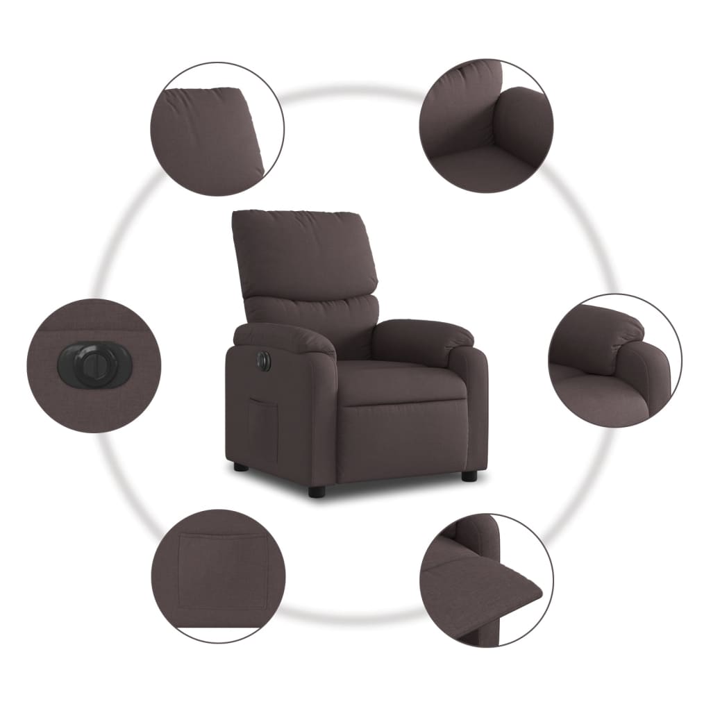 Electric reclining armchair, dark brown, fabric