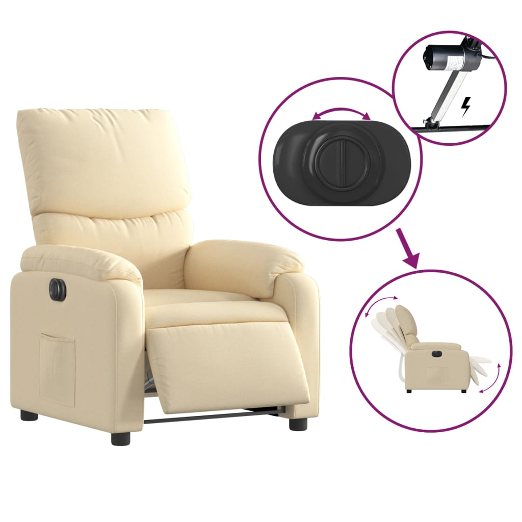 Electric reclining armchair, cream, fabric