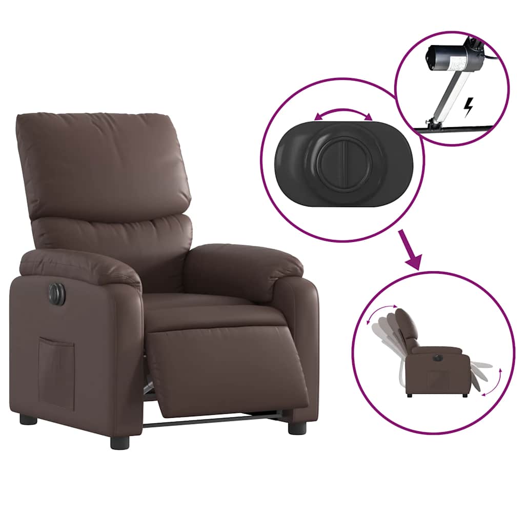 Electric reclining armchair, brown, faux leather