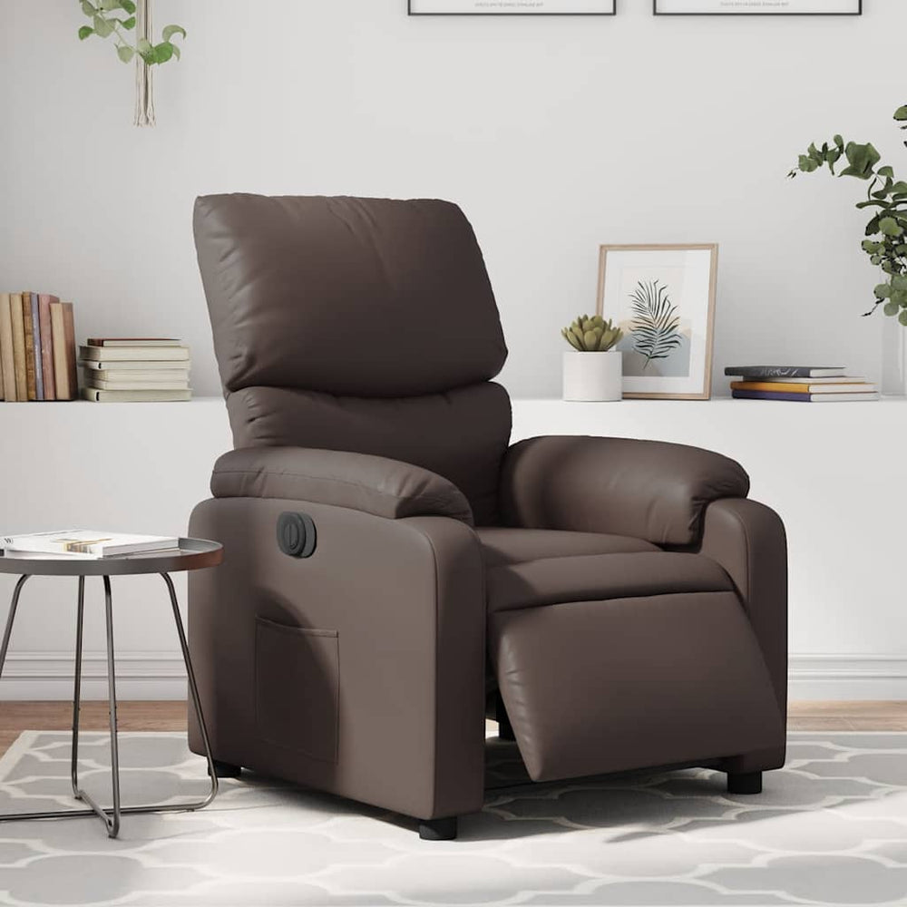 Electric reclining armchair, brown, faux leather