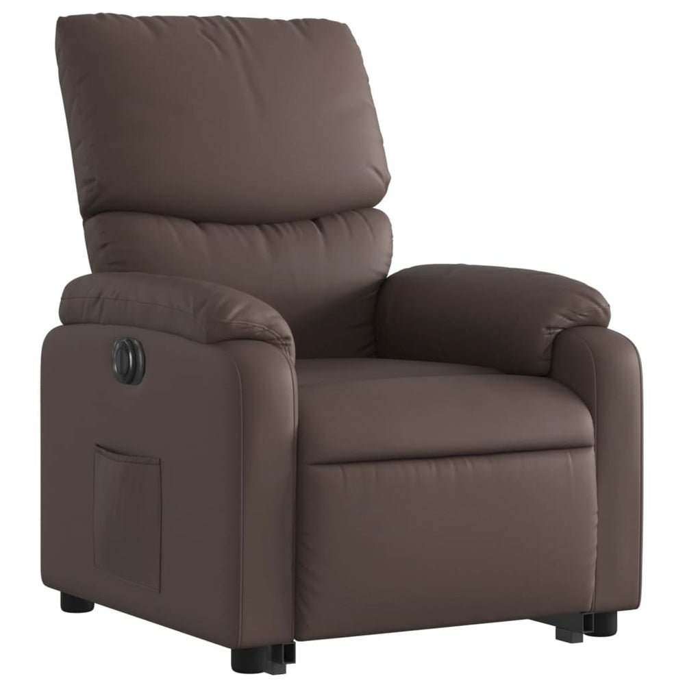 Stand-up electric armchair, brown, faux leather