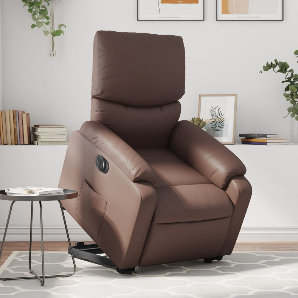 Stand-up electric armchair, brown, faux leather