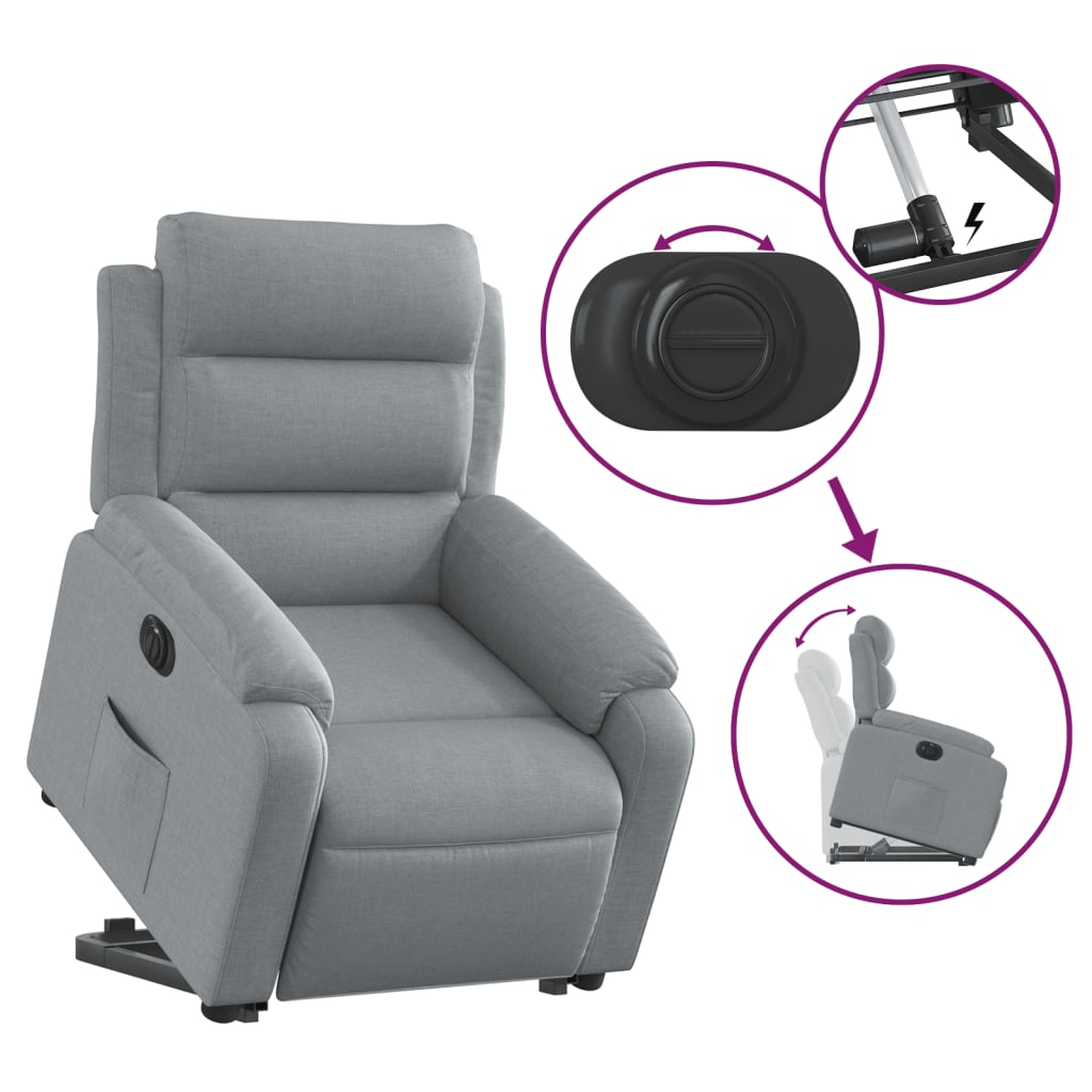 Rise and recline armchair, light grey, fabric