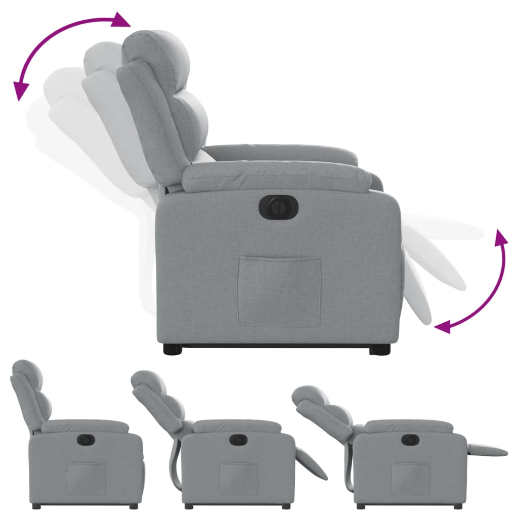 Rise and recline armchair, light grey, fabric