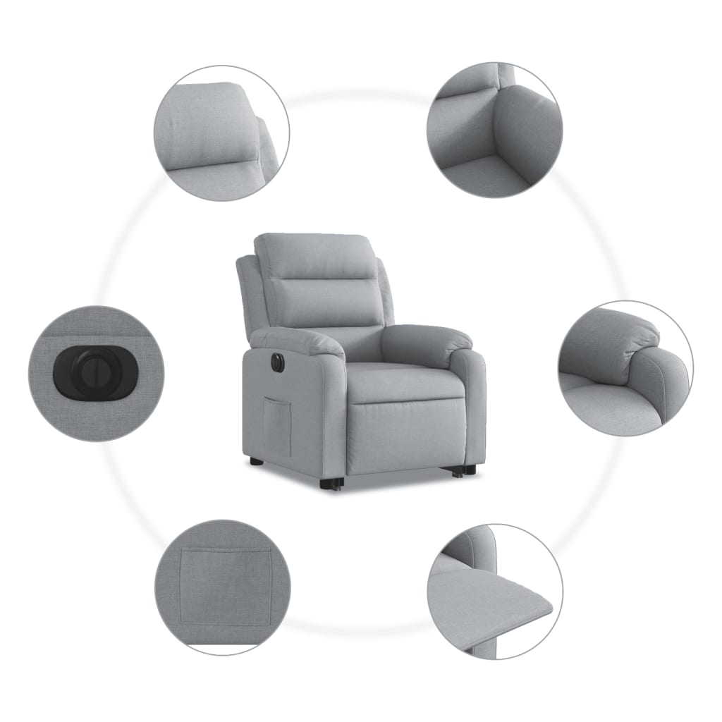 Rise and recline armchair, light grey, fabric