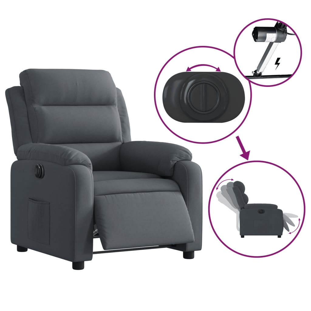 Electric reclining armchair, dark grey, velvet