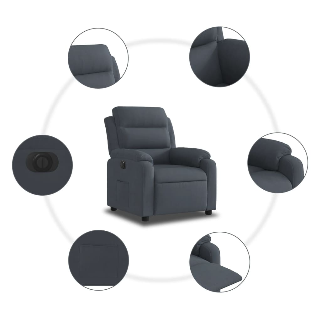 Electric reclining armchair, dark grey, velvet