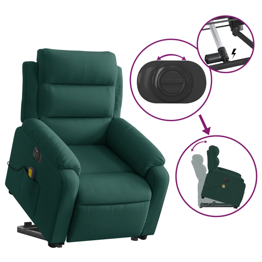 Atsistojantis masažinis krėslas, tamsiai žalias, aksomas