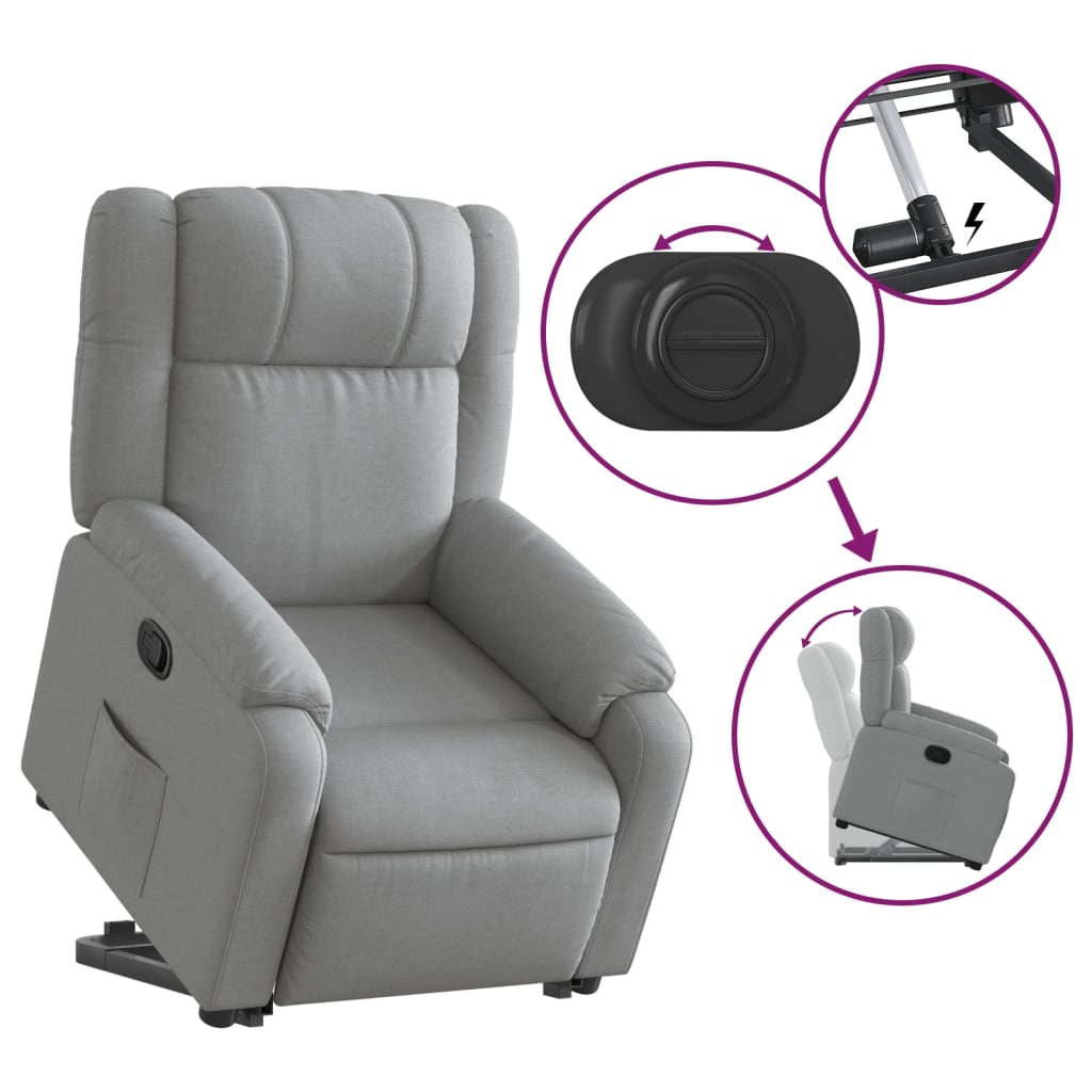 Rise and recline armchair, light grey, fabric